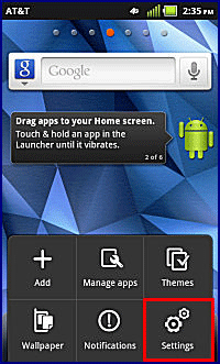 Home Screen, Menu, Settings